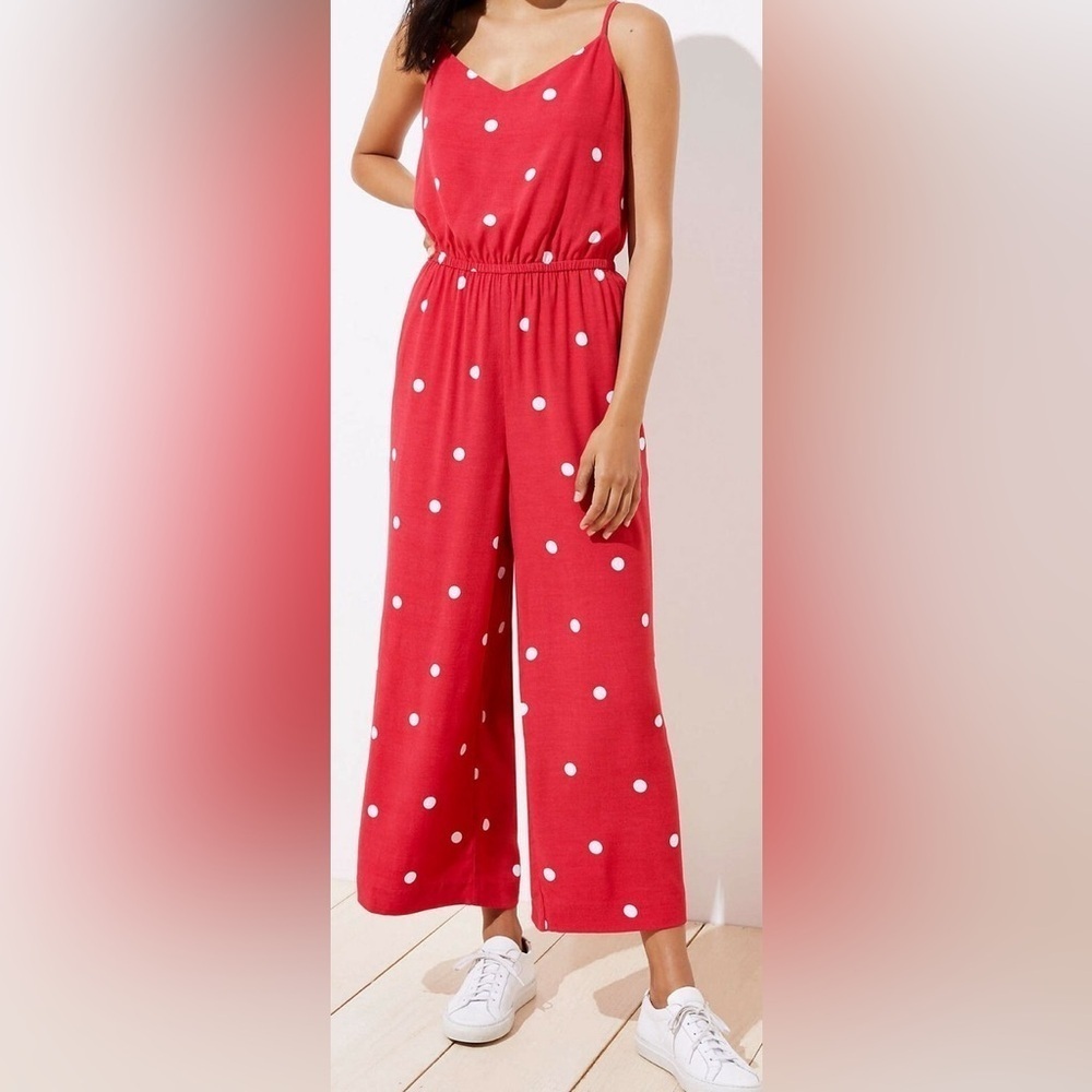 Red Polka Dot Wide Leg Jumpsuit Womens Size Small V-Neck Spaghetti Strap Pockets
